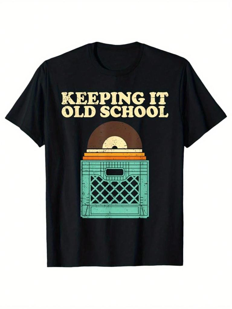 unisex'S Vintage Music Graphic T-Shirt - Retro Gramophone & Record Player Design With "Keeping It Old School" Slogan, Breathable Crew Neck Short Sleev