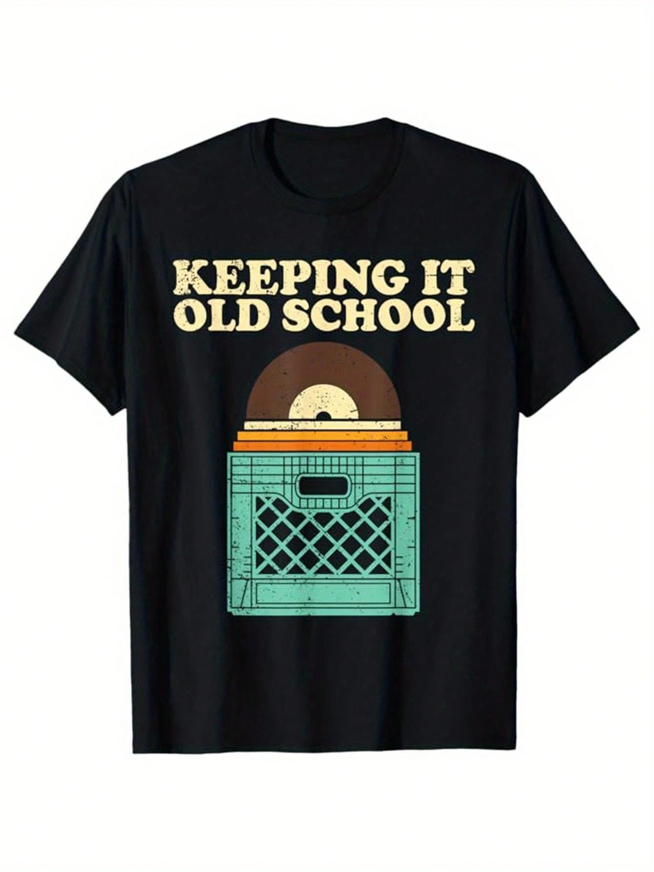 unisex S Vintage Music Graphic T-Shirt - Retro Gramophone & Record Player Design With Keeping It Old School Slogan, Breathable Crew Neck Short Sleev S разноцветный