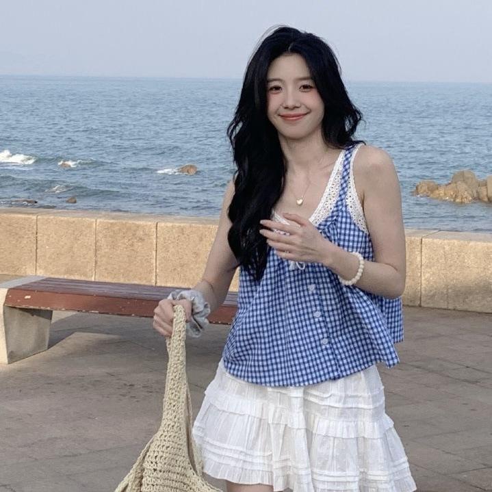 Korean sweet lace sleeveless lace plaid vest women's summer new loose lace-up fake two-piece suspender top