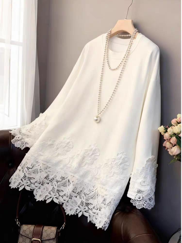 Plus-Size Women's Lace Spliced Mid-Length Sweatshirt: New Long-Sleeved Base Layer for Spring and Autumn, Belly-Covering Design