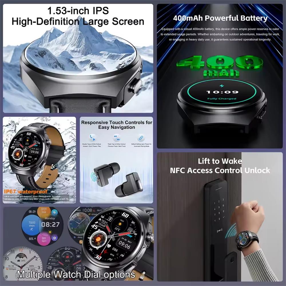 2026 2-in-1 Smart Watch with Earbuds NFC Smartwatch TWS Bluetooth Earphone Heart Rate Blood Pressure Monitor Bluetooth Call Sport Fitness Watch