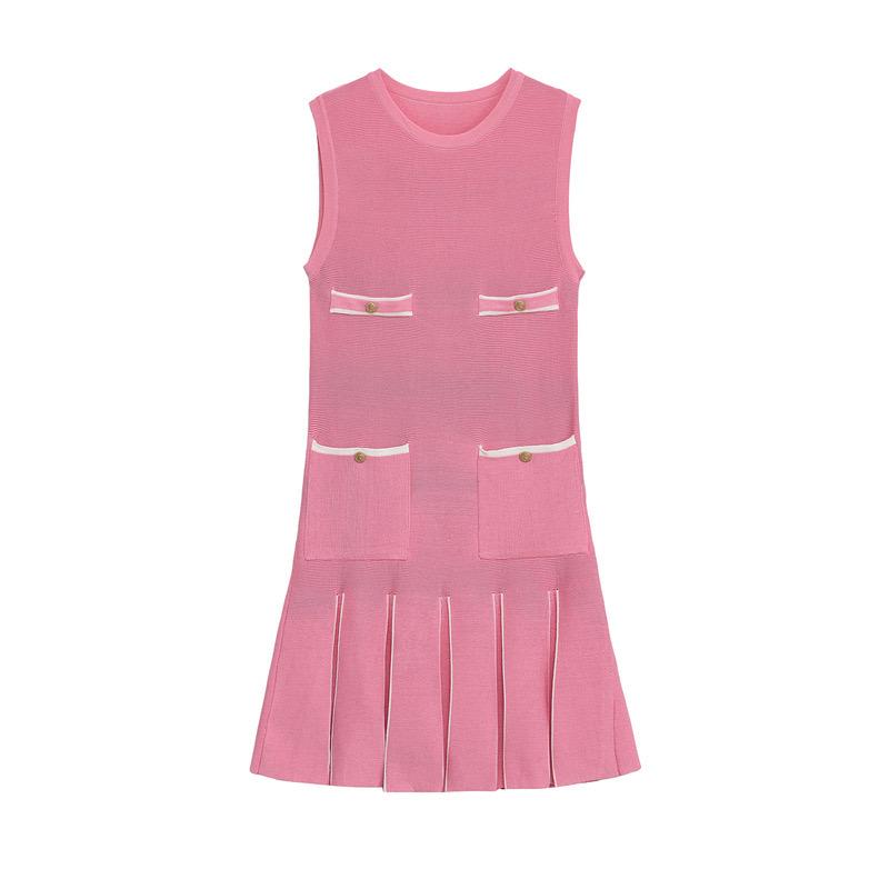 

Женское бледно-желтое вязаное плиссированное платье Модное с карманами О-образный вырез Без рукавов А-силуэт Мини-платье Официальное L розовый