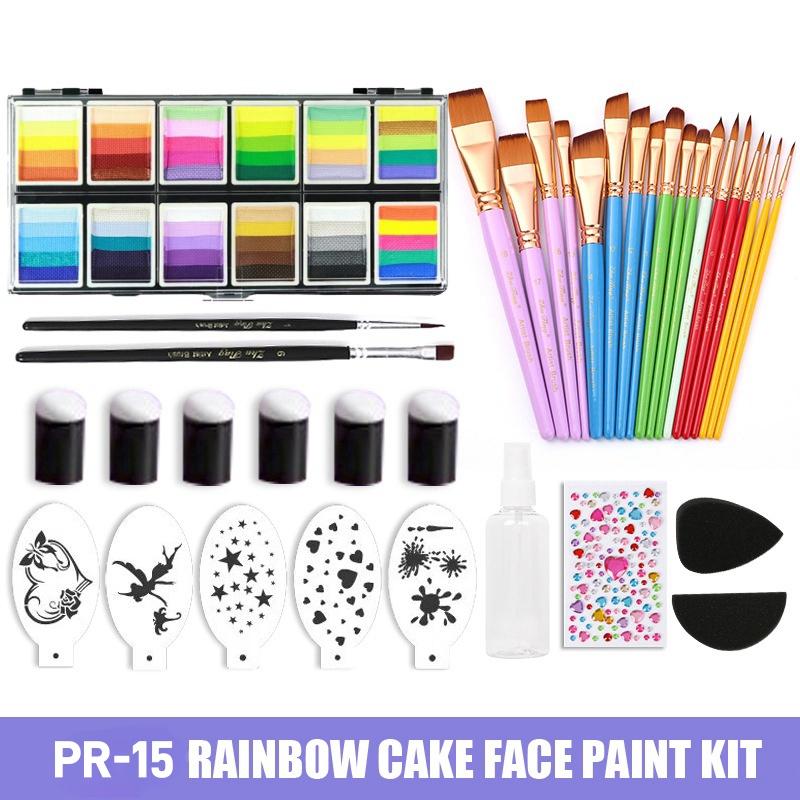 12 Farben Wasserbasierte Körperfarbe Strich Regenbogen Split Cakes Gesichtsmalerei Set mit 18 Pinseln Finger Schwamm und Schablone