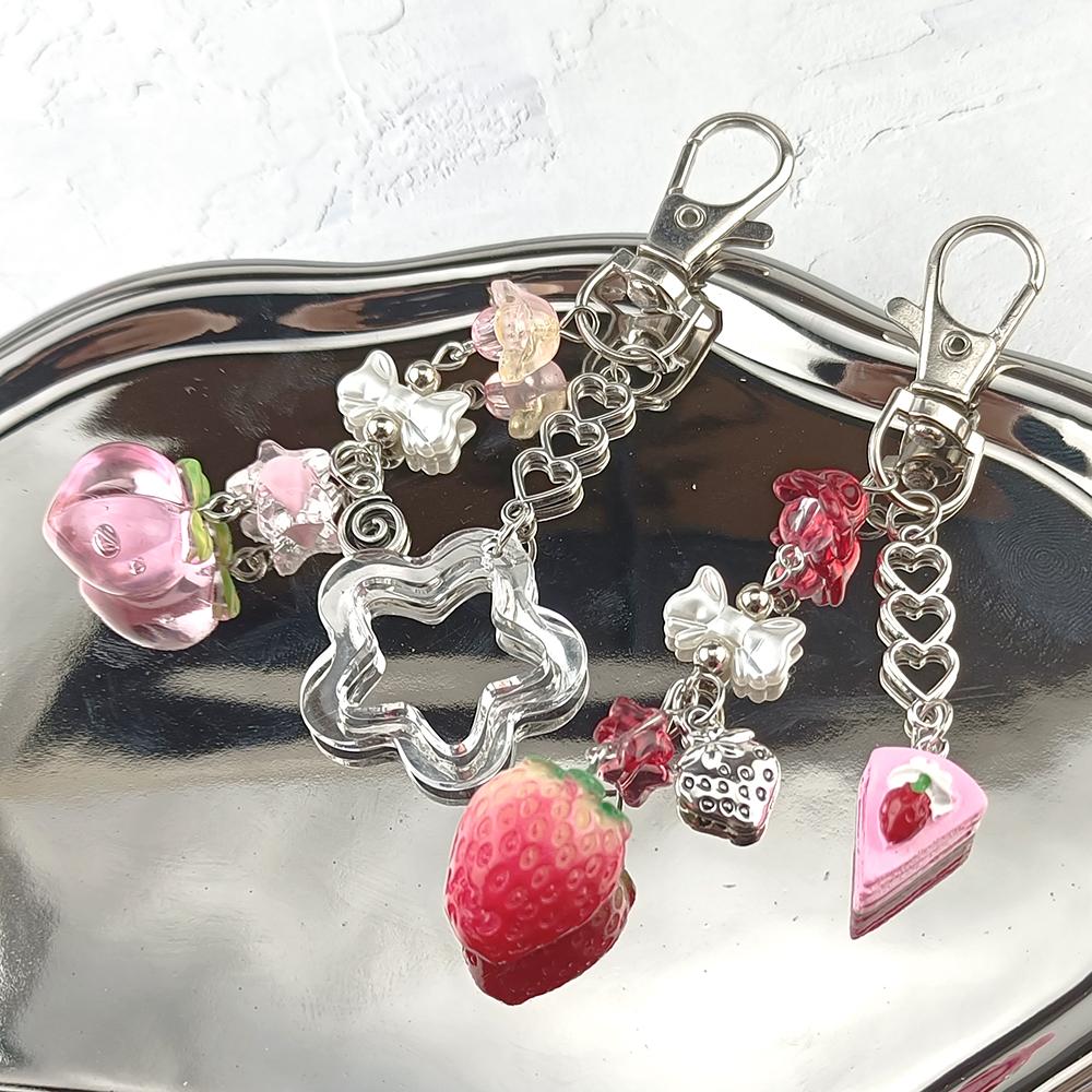 Strawberry and Peach Matching Keychain Bow Cake Star Pendant Charms Backpack Decoration Handmade Jewelry Accessories