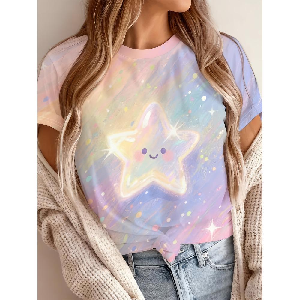 Crew neck dream macaron style smiley face star print short sleeve T-shirt