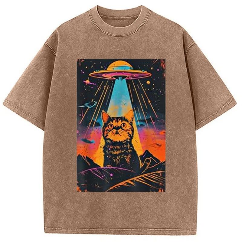 Catzilla Vintage Funny Cute Cat Washed T-Shirt Unisex Anime Printing Short Sleeve Holiday Summer Dropped Shoulder Oversized