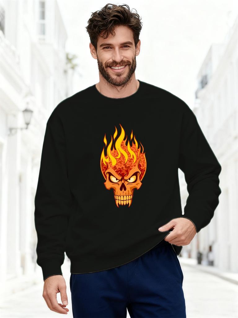 Men'S Casual Round-Neck Sweatshirt with a Flame Skull Design