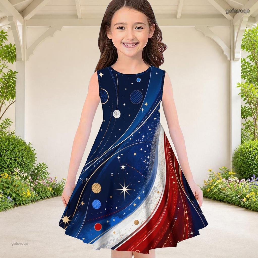 Girls Round Neck Sleeveless Galaxy Printed A Line Flared Dress Red White Blue