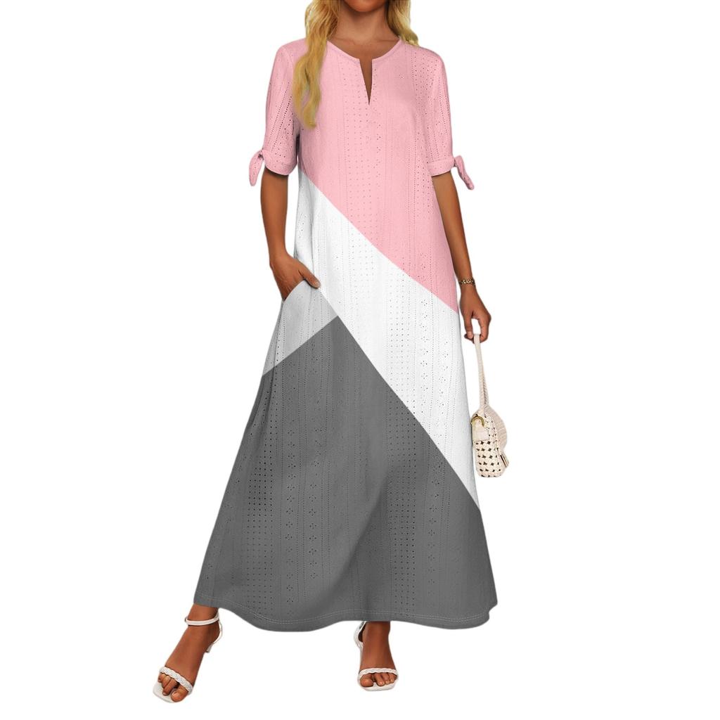 Ladies Casual Fashion Temperament Elegant Waist Patchwork Print Long Dress