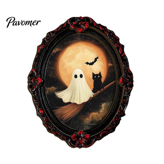 Indoor Halloween Theme Decorations Wooden Refrigerator Magnets, Vintage Gothic Oval Frame Fridge Magnets with Witch Retro Picture Decor Ghost