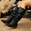 Comemore Retro Pleated Boots Women's Autumn New Belt Buckle High Thigh Chunky Middle Heel Knee High Botas Gladiator Female Shoes