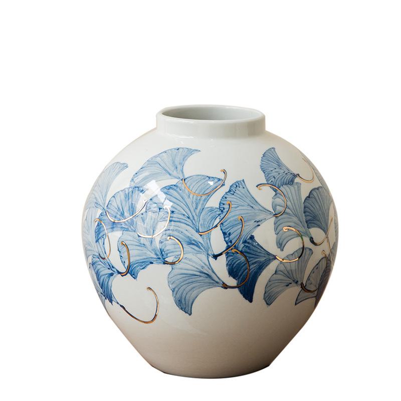 Blue & White Retro Chinese Gilded Ceramic Vase with Hand-painted Ginkgo Leaf Design