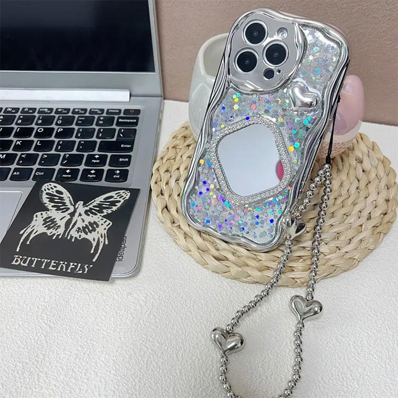 Heart Chain Glitter Rhinestone Mirror Phone Case for iPhone 16/17 Pro Max