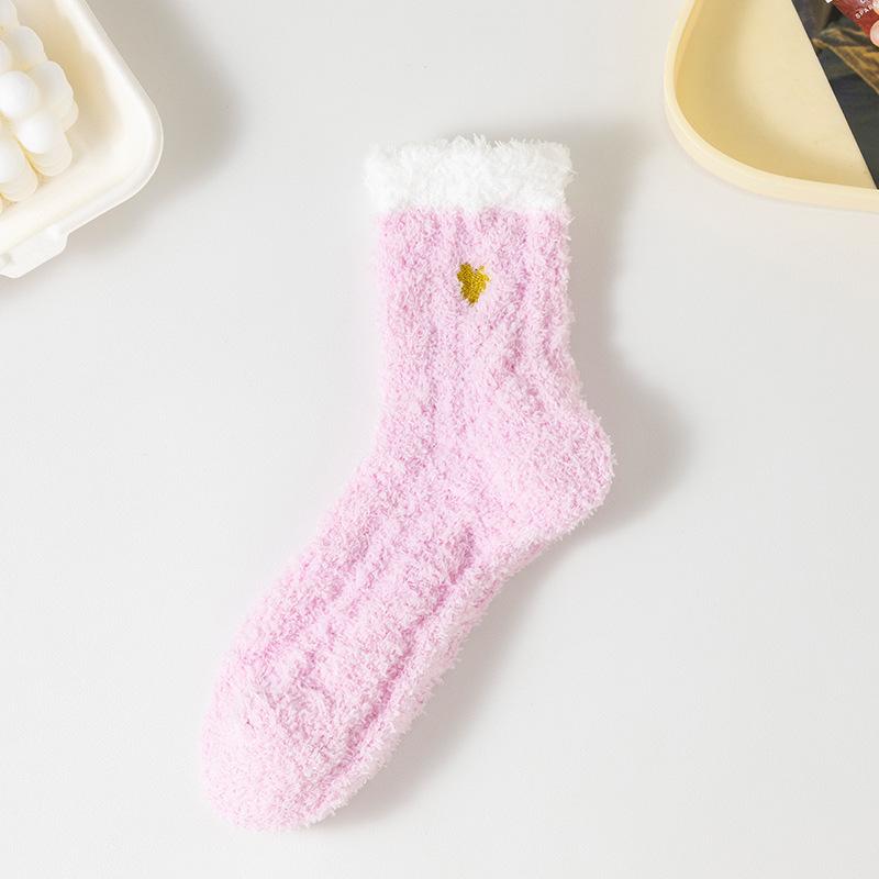 Embroidery love coral fleece women's socks autumn and winter thickened half fleece twist sleep socks