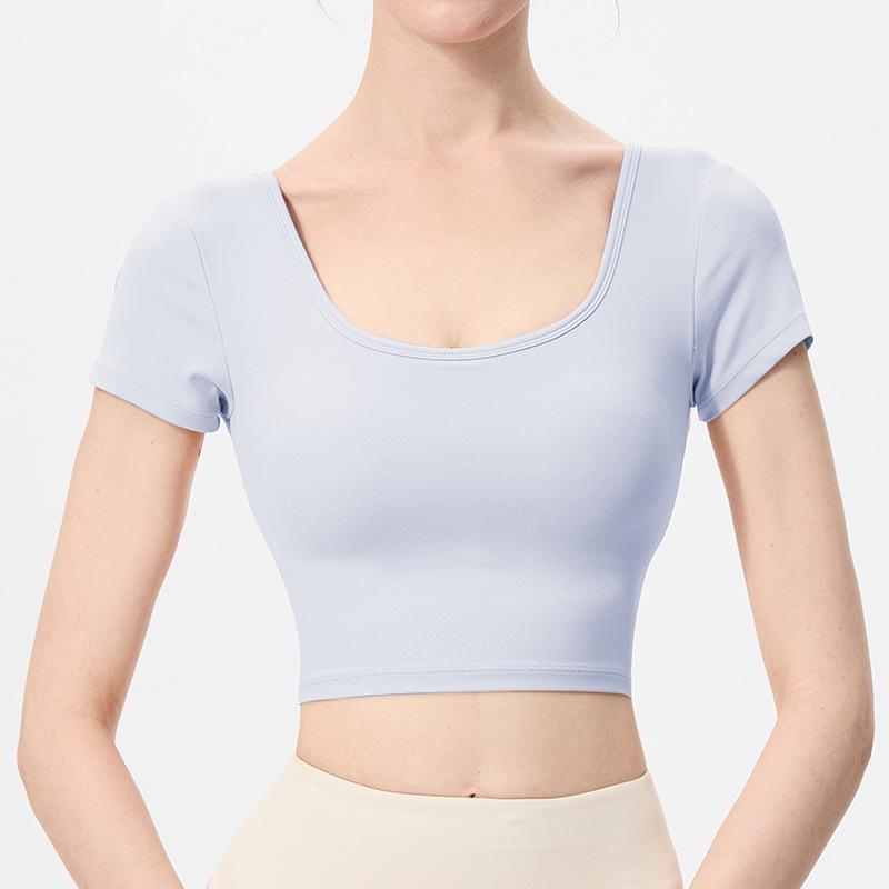 

Женский быстросохнущий топ для йоги: Облегающий дизайн с U-образной спиной, Красивая спина, Футболка для фитнеса с коротким рукавом Small