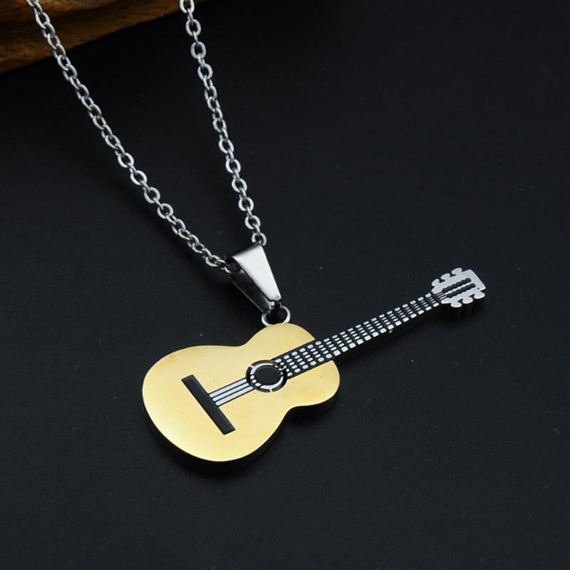 Musical Guitar Pendant with 60cm/24in Chain Hip Hop Music Style Stainless Steel Guitar Pendant Jewelry Personalized Gift