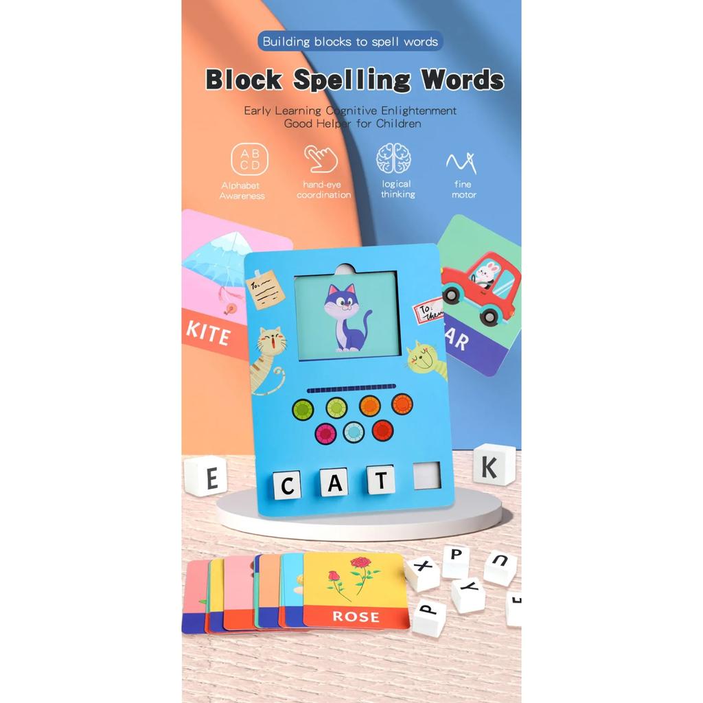 Wooden Building Block Puzzle Alphabet Spelling Educational Toy Letter Recognition Logical Thinking Learning Playset for Kids