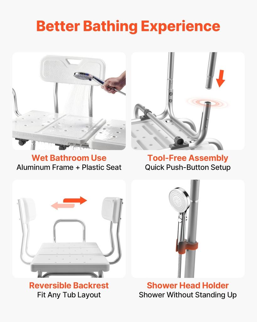 Tub Transfer Bench for Bathtub, 180 Kg Capacity Heavy Duty Shower Chair with Arm, Backrest and Curtain Slot, Height Adjustable Shower Bench Bath Seat