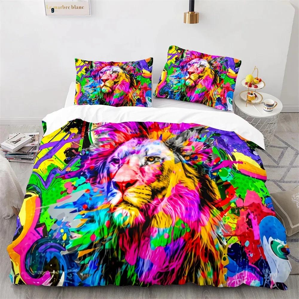 Lion Duvet Cover Set 3D Print Wild Animals Colourful King Queen Size for Kids Teens Adults Bedding Set Polyester Comforter Cover