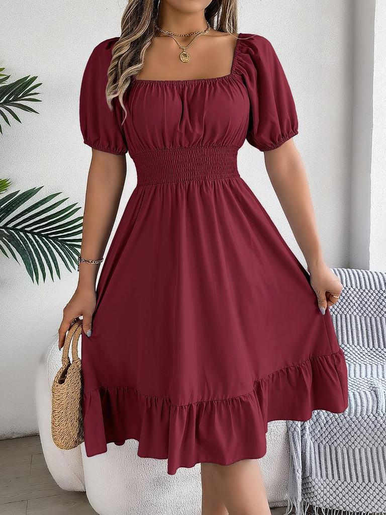 Spring Summer Casual Short Sleeve Ruched High Waist A-Line Skirt for Women