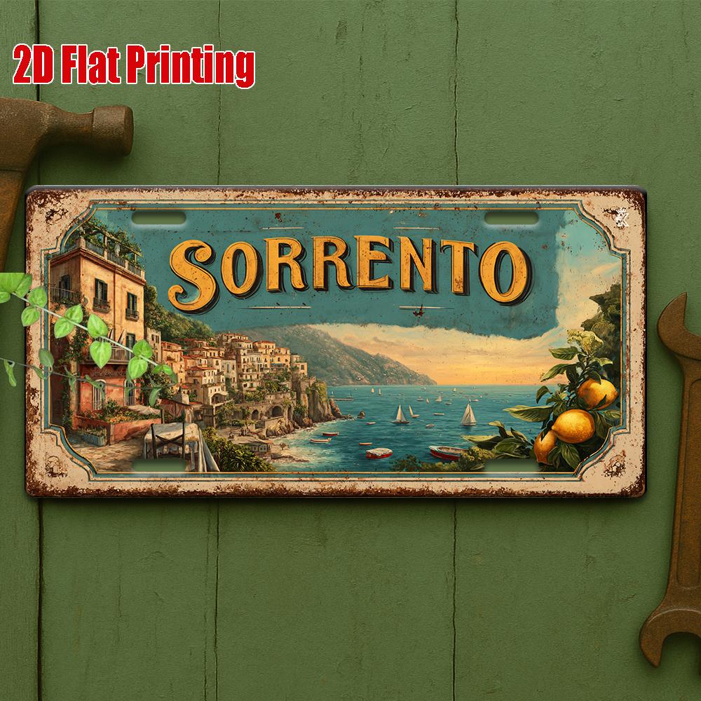 2D flat, 1 retro metal license plate, Sorrento Amalfi Coast aluminum sign, suitable for kitchen walls, rustic decor, summer home