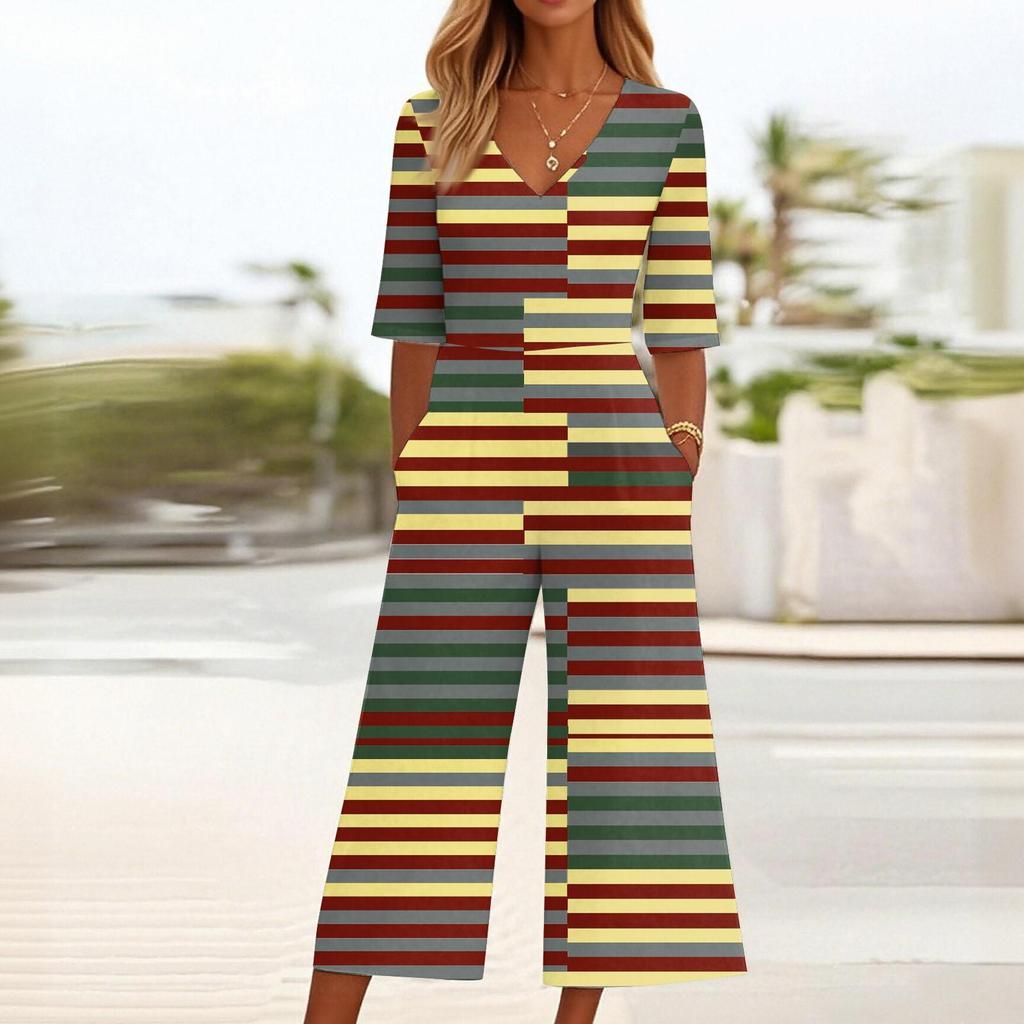 Dámský volný ležérní overal s potiskem s výstřihem do V, slim fit overal se širokými nohavicemi, overal se širokými nohavicemi