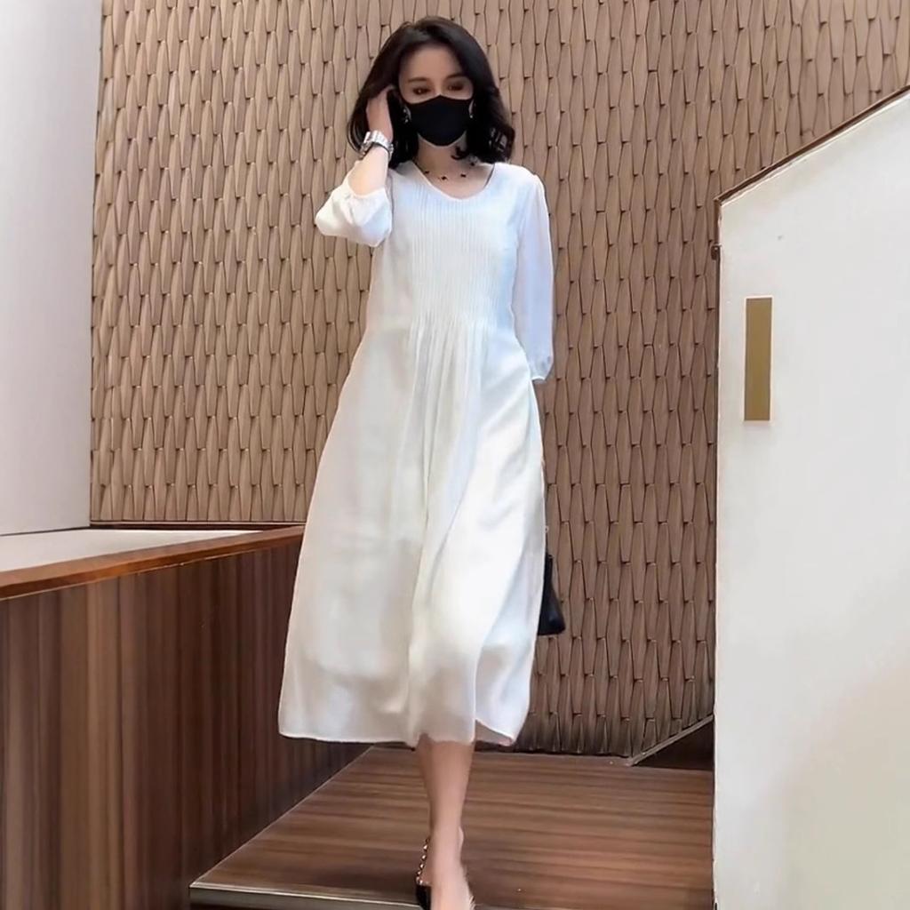 2025 summer new high-end white dress women's loose and thin gentle seven-quarter sleeve temperament skirt