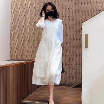 2025 Summer New High-end White Dress Women's Loose and Thin Gentle Seven-quarter Sleeve Temperament Skirt