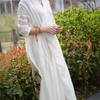 Mountain Spirit Sheer Flowy Tie-Waist Long Dress with Irregular Neckline, Women's Ramie Tea Dress