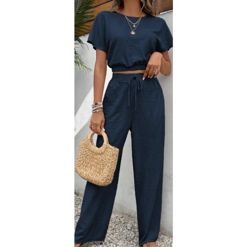 

Женский летний комплект с круглым вырезом, короткими рукавами и однотонным топом, длинные брюки XL темно-синий