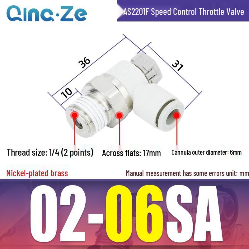 Throttle Speed Control Valve with AS1201F-M5-04A Pneumatic PU Air Hose Connector, Models AS2201F-01-2-06SA/08SA.