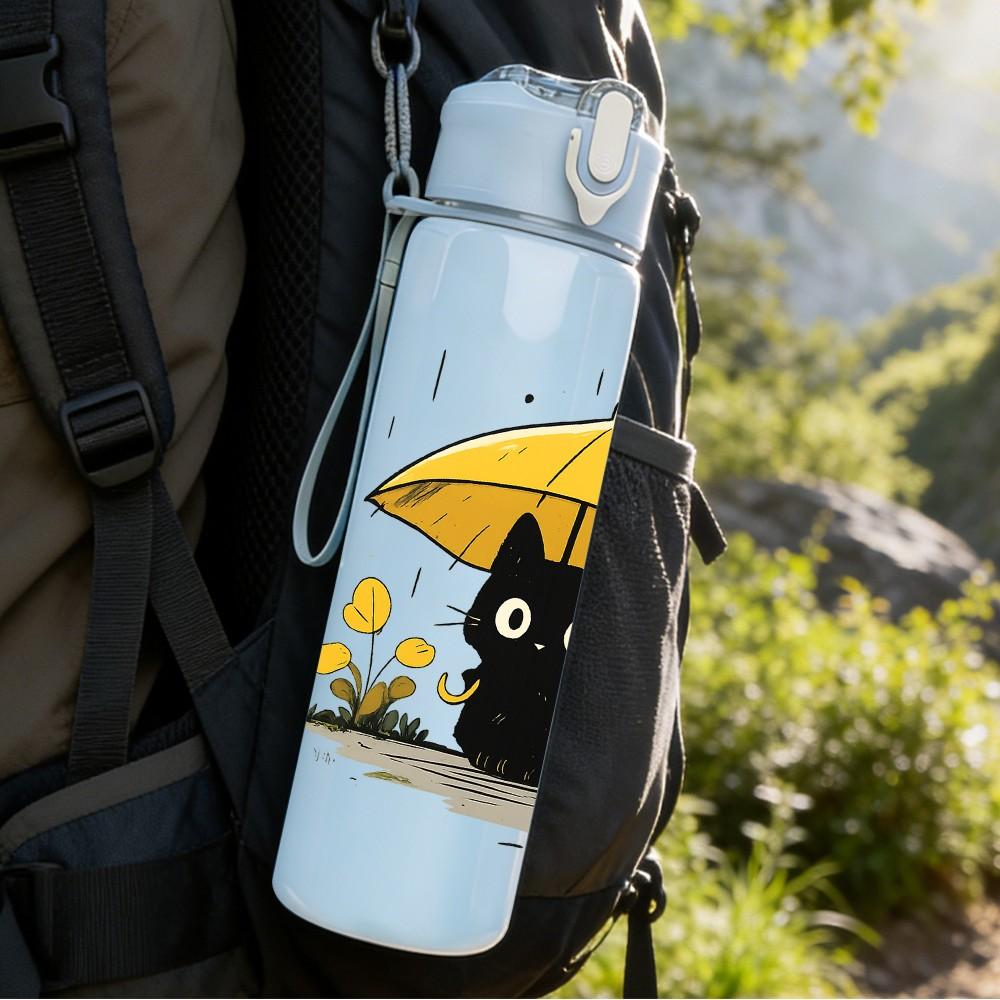 1PC Black Cat Under Umbrella Cartoon 750ml Color Plastic Sports Water Bottle Leakproof Flip Straw Lid Suitable for Sports Office Home Use