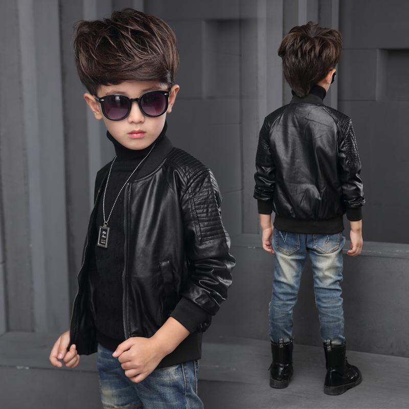 Children's Boys' Soft Leather Jacket Spring and Autumn Baby Leather Jacket Handsome Baseball Collar