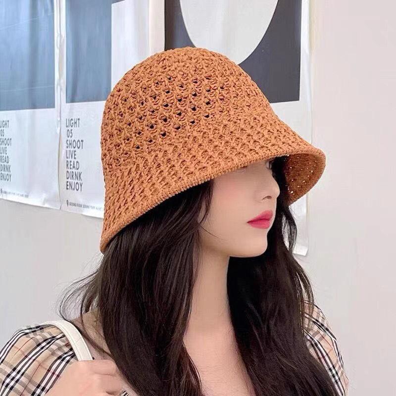 Solid Knit Hollow Out Bucket Hat Women Spring Summer Breathable UV Sun Protection Fisherman Hat