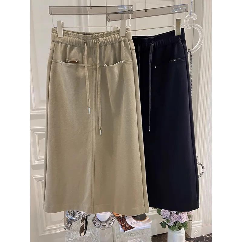 American Casual Pocket Mid-length Skirt Women's Summer Elastic Waist Short Skirt