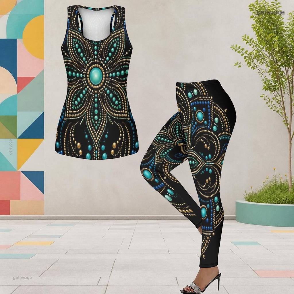 Women Plus Size Two Piece Set Scoop Neck Sleeveless Printed Tank Top And Fitted Leggings