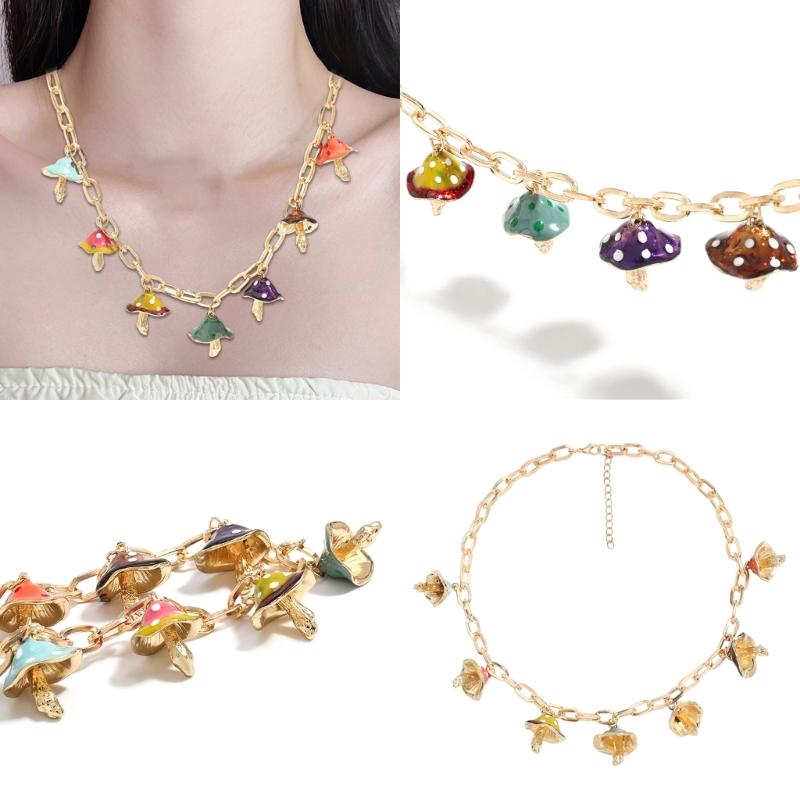 Colorful Mushroom Charm Necklace Adjustable Clavicle Chain Ethnic Metal Choker Colorful Fashion Jewelry for Party