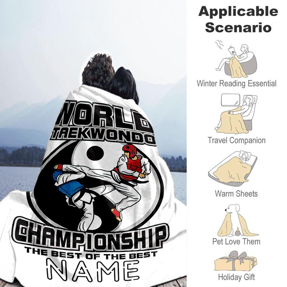 Blue Taekwondo Personalized Name Blanket Lightweight Customizable Blanket Ultra-Soft Great for Home Decor Nap Living Room Bedding All-Season Use