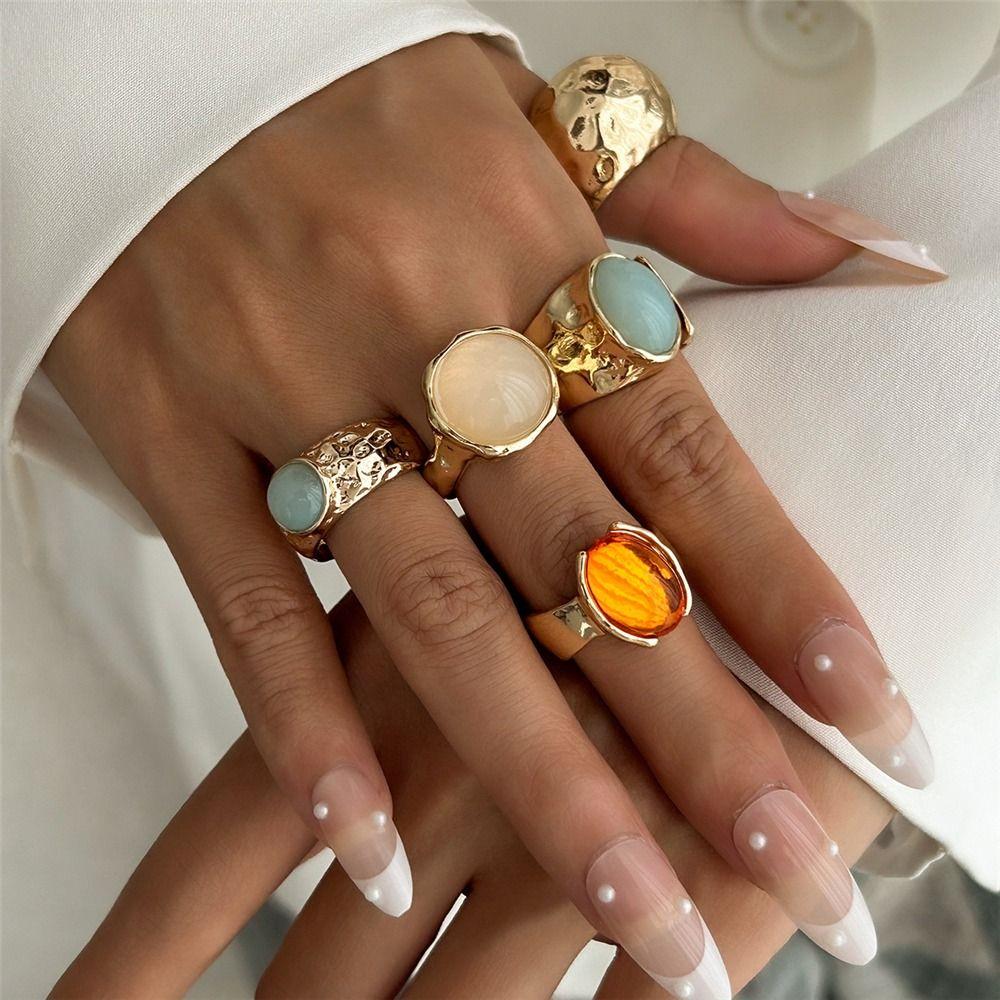 5Pcs Gold Tone Vintage Ring Set Aesthetic Alloy Fashion Jewelry Gift Boho Open Rings  for Women