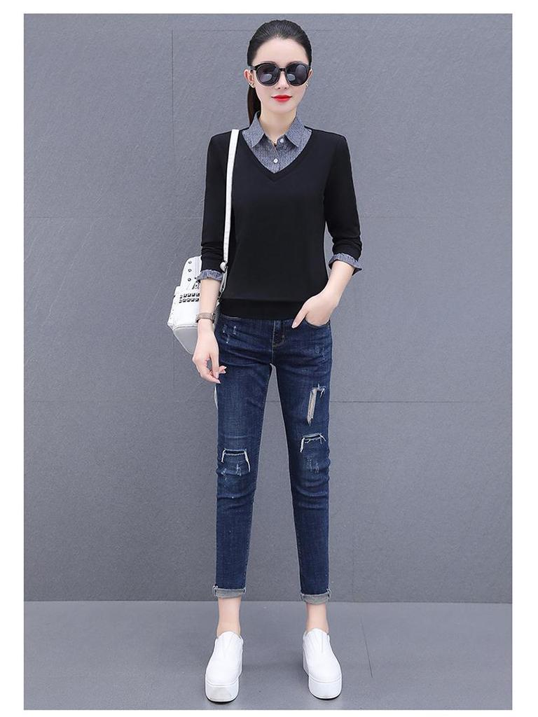 Khmer Farbblock-Revers Zweiteiliger Look Damen Langarm Herbst/Winter Pullover-Shirt