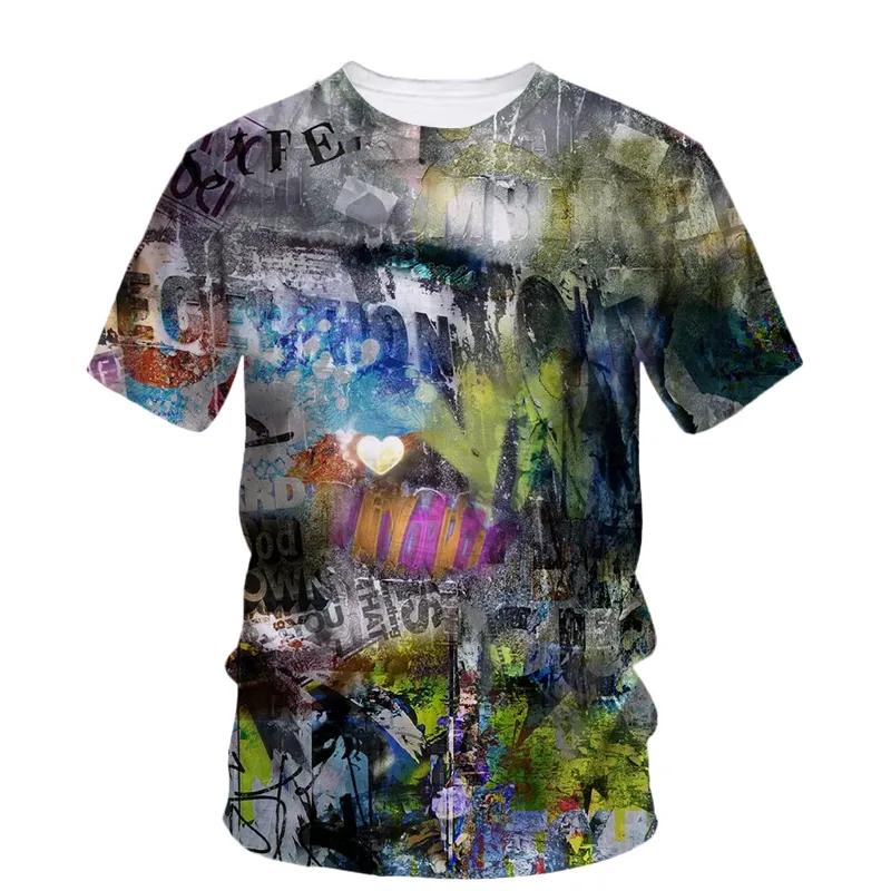 Sommar Ny Kreativ Graffiti Målning Konst Linje T-shirt Herr Mode Casual Hip Hop Harajuku 3D HD Tryckt O Krage Kort Ärm