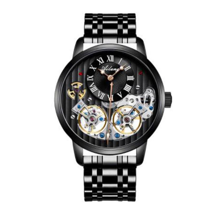 AILANG Orologi da Uomo Nero Doppio Tourbillon Cinturino in Pelle Orologi Meccanici Automatici Tourbillon Volante Impermeabile