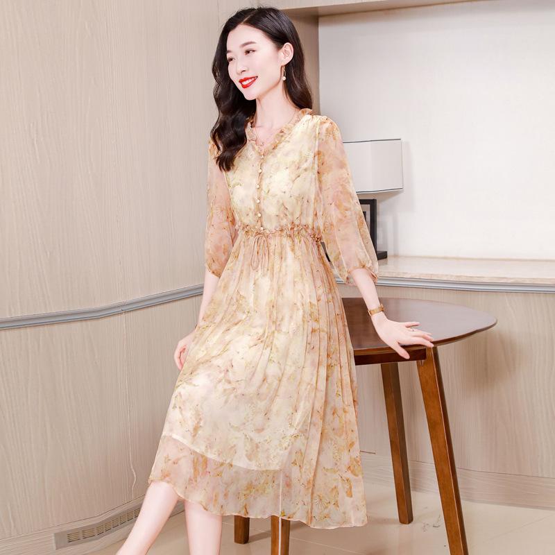 

Summer silk dress V-neck temperament elegant intellectual mulberry silk dress printed lace-up skirt M жёлтый