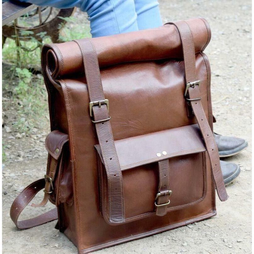 Vintage ekte geitskinn ryggsekk Ryggsekk Bagasje Vandring Camping reiseveske