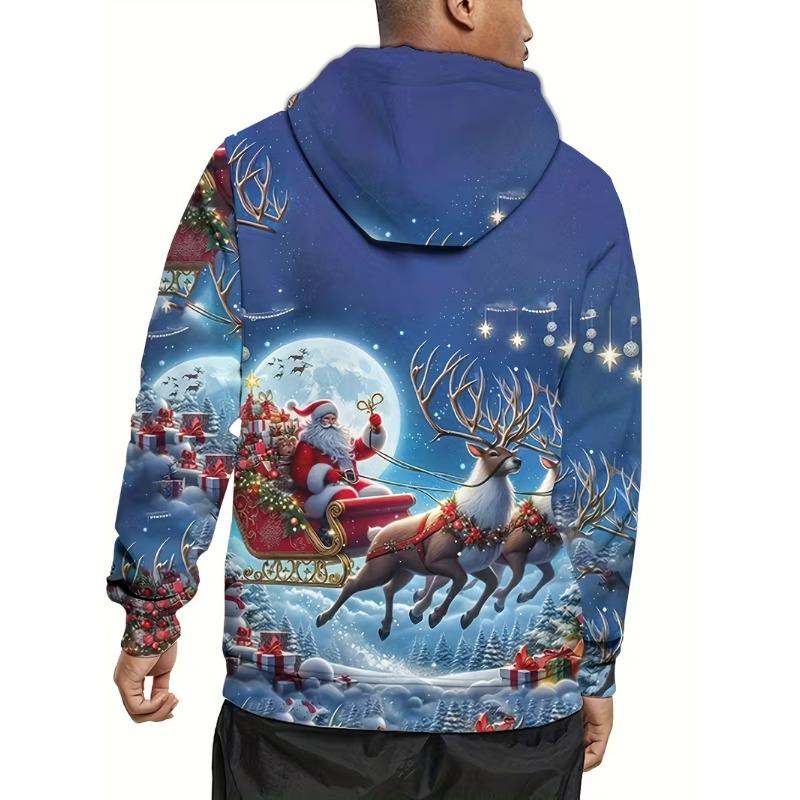 Módní pánská vánoční mikina s kapucí a stahovací šňůrkou z polyesterové tkaniny pro sváteční nošení s dlouhým rukávem a 3D potiskem