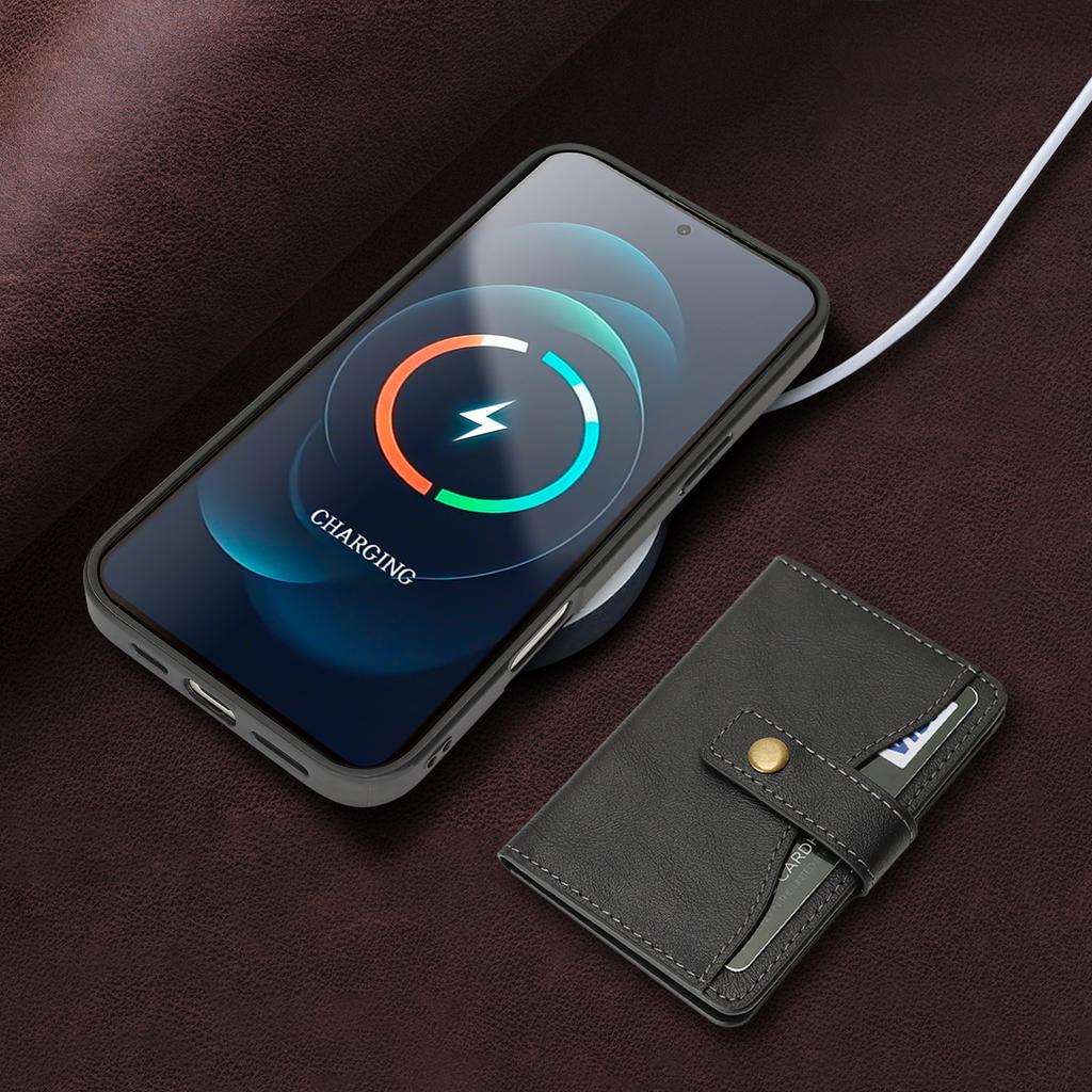 For iPhone 15 Pro Kickstand Case Detachable Card Bag Compatible with MagSafe PU Leather Coated TPU Phone Cover