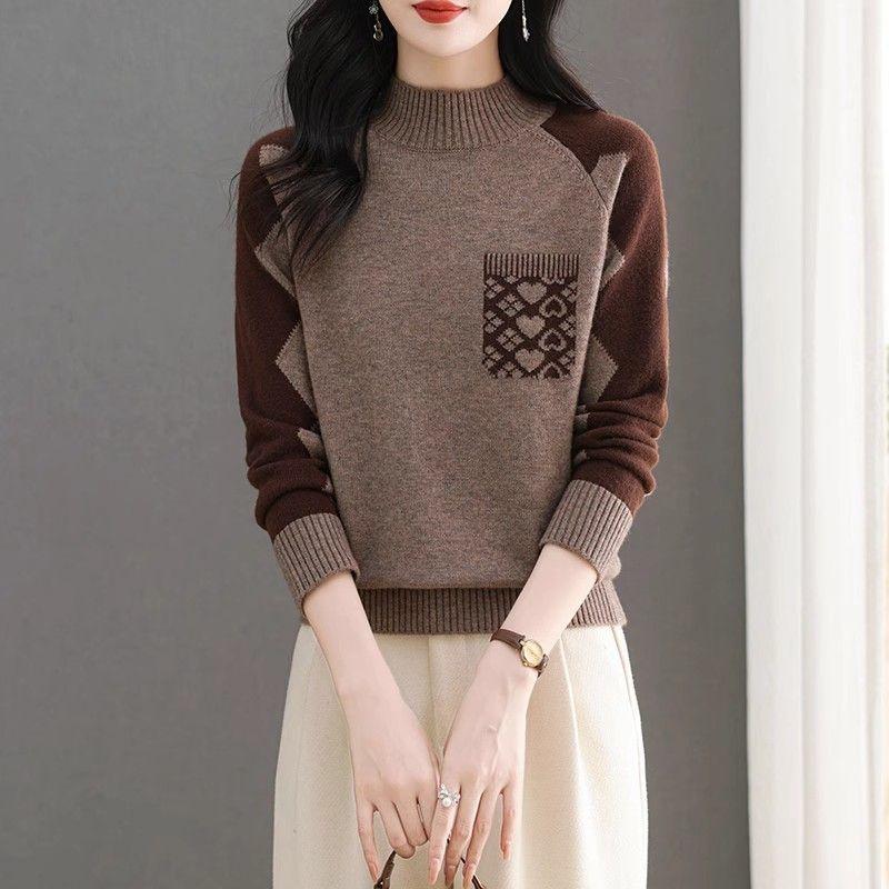 

Вязаный свитер женский осенне-зимний полувысокий ворот свободный стильный свитер для мам среднего возраста 2XL