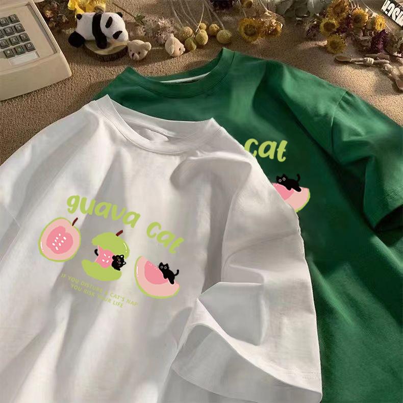 Korean Kawaii Guava Cat Graphic Print T-shirt Unisex Women Men Clothing Summer Cute New Arrival Oversize Cotton Tops