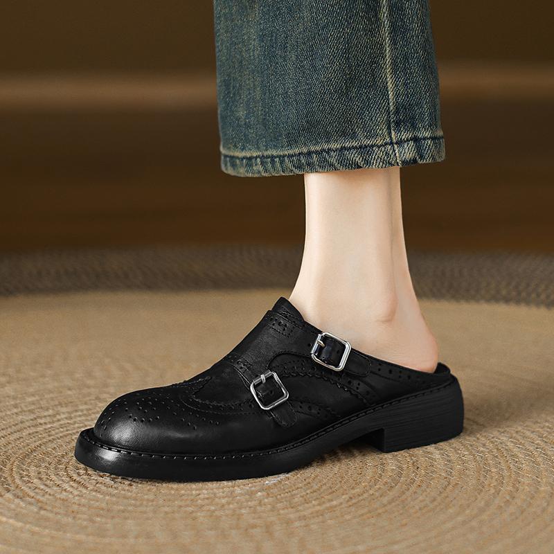 Fashion 2025 New Genuine Leather Retro Loafers Woman Sandal Round Toe Slip-on Casual Shoes Spring Summer Shoes Outdoors Walk Shoes Woman