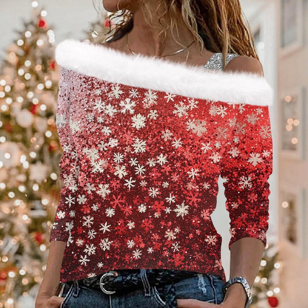 Women's Christmas Elements Christmas Print Long-sleeved Plush  Pullover Top